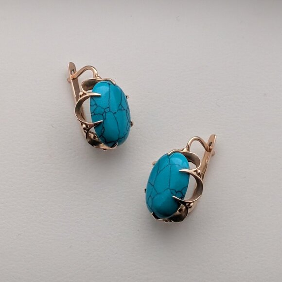 LARGE Russian Russia 14K Rose Pink Gold Turquoise Cabochon Pierced Earrings - Picture 8 of 15